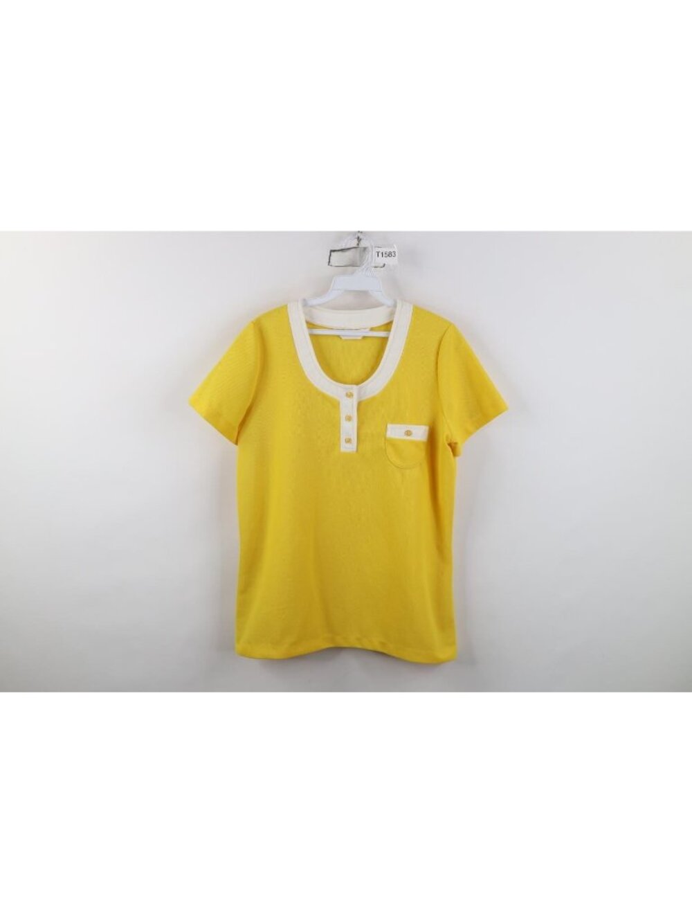 Vtg 70s Henley T-Shirt Womens Size L Yellow Short Sleeve Knit Mid Century Modern